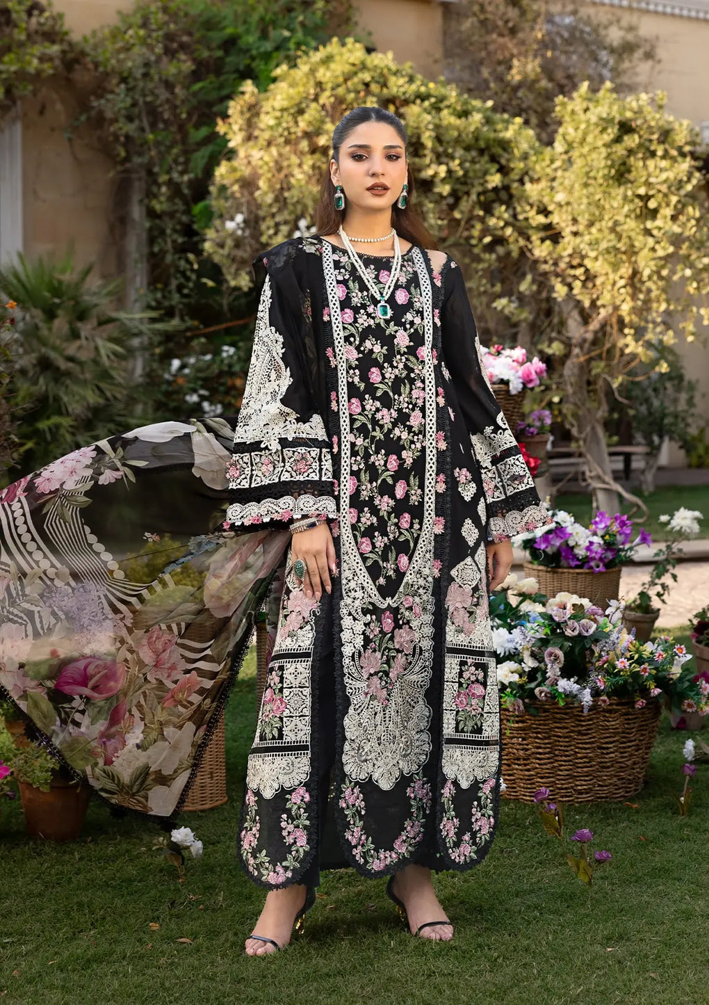 MAHJABEEN EMBROIDERED LAWN LASERWORK FRONT CENTER PANEL and DIGITAL PRINTED CHIFFON DUPATTA from ELAF Luxury Lawn 2025.