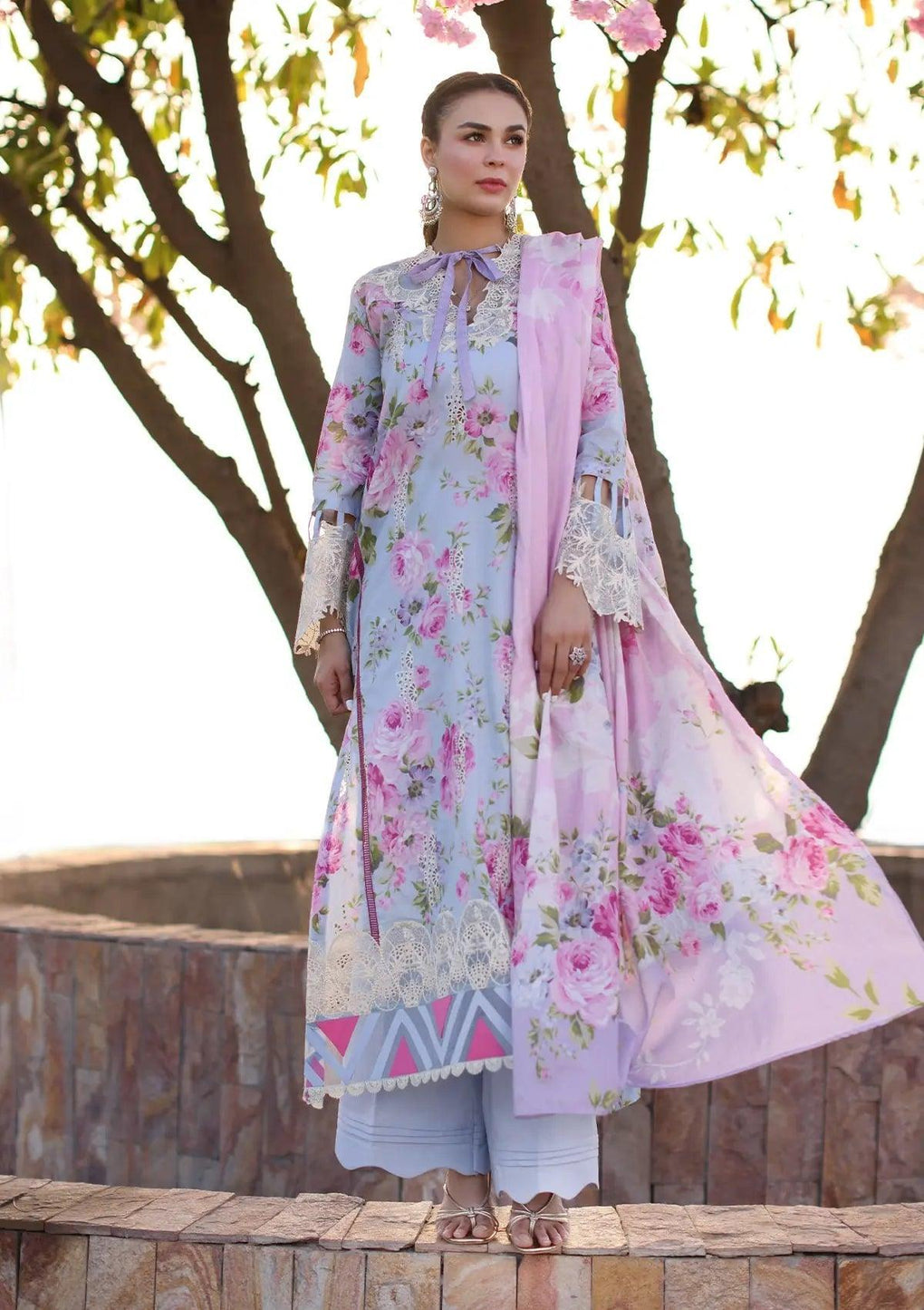 OCEAN BLOSSOMS Printed Chikankari Lawn and Digital Printed Voile Dupatta from ELAF's