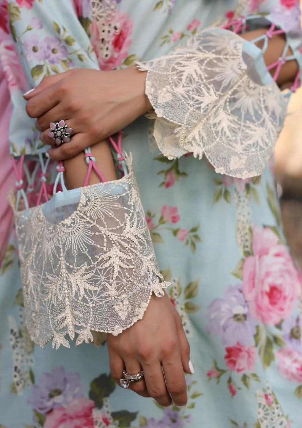 Close up image of GLACIELLA beautiful Digital Printed Lawn Sleeves.