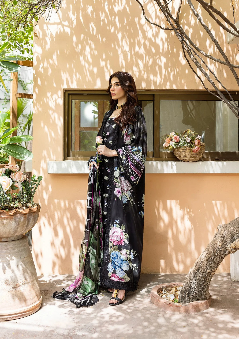 MIDNIGHT BLOOM DIGITAL PRINTED CHIFFON DUPATTA IN VIBRANT COLOR.