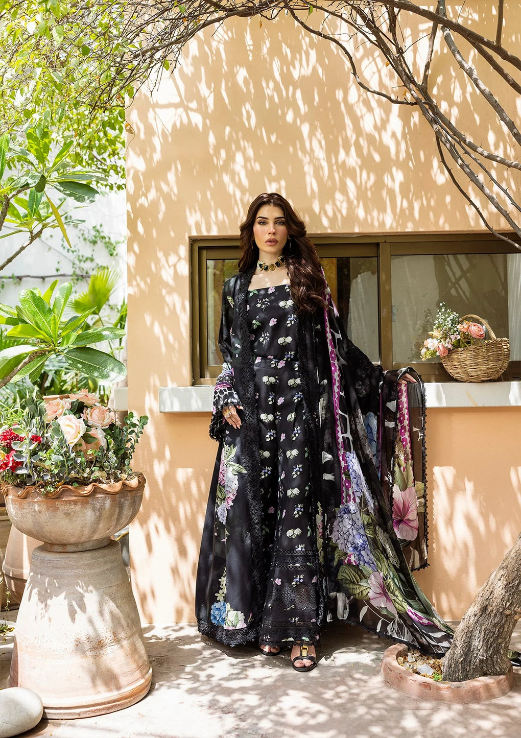 Elegant dress MIDNIGHT BLOOM FROM ELAF PRINTS WITH CHIFFON DUPATTA COLLECTION 2025.