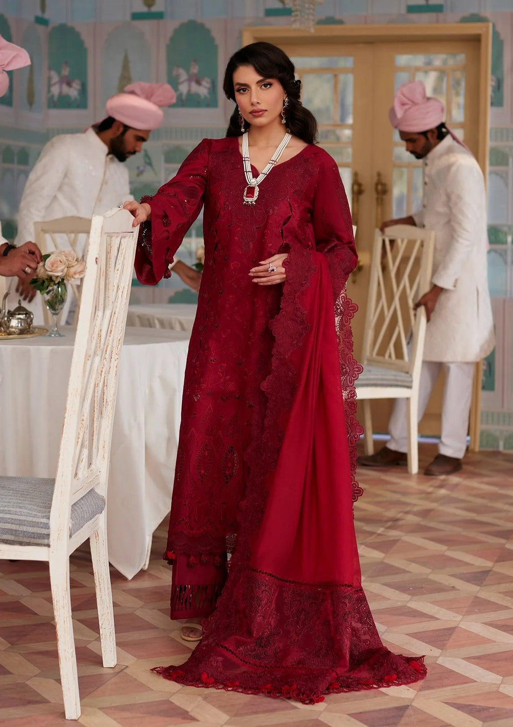 WAFA Maroon dress with Embroidered Organza Front Daman Border from ELAF's