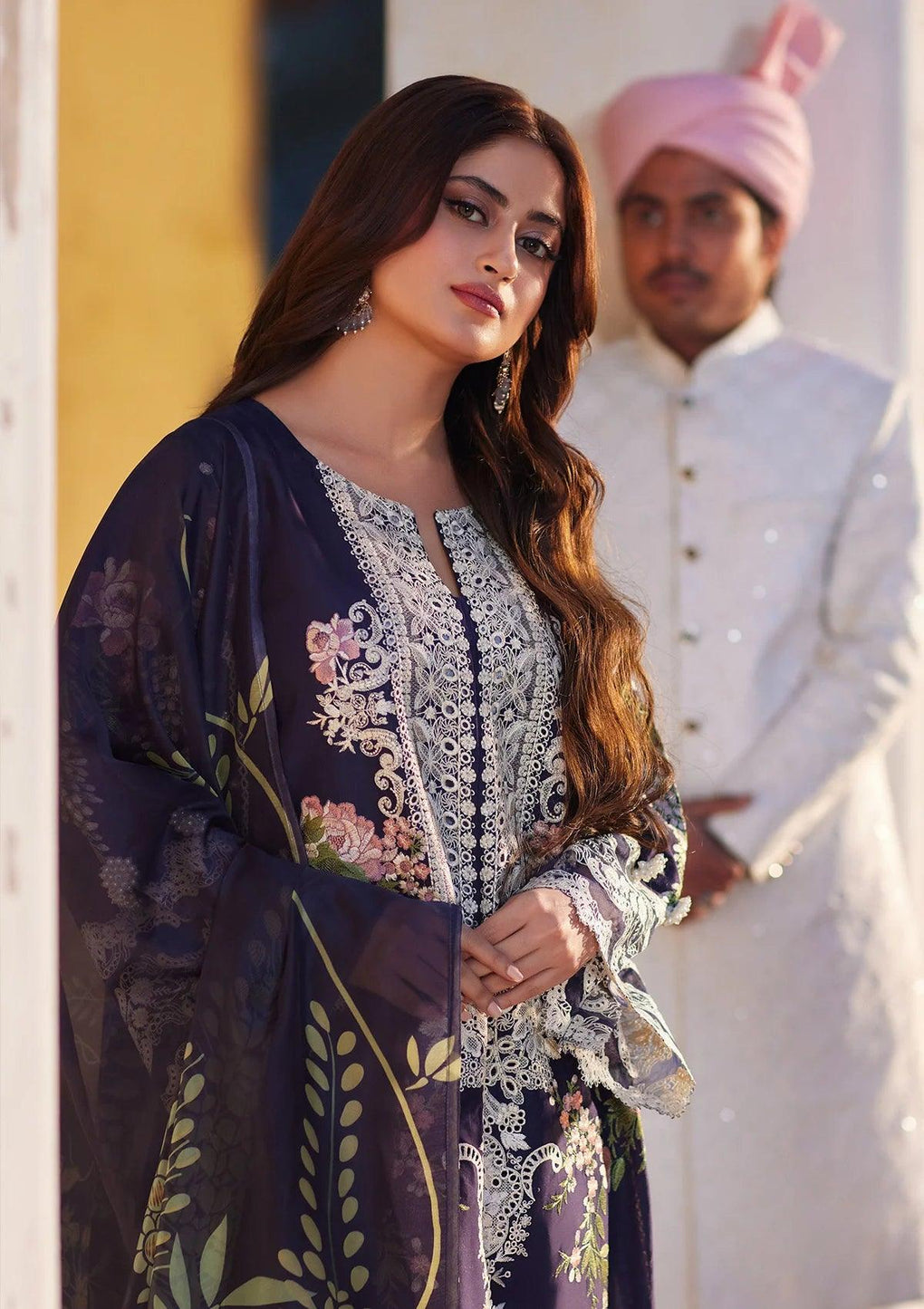 YAZMIN navy blue dress with Embroidered Lawn Sleeves from ELAF's
