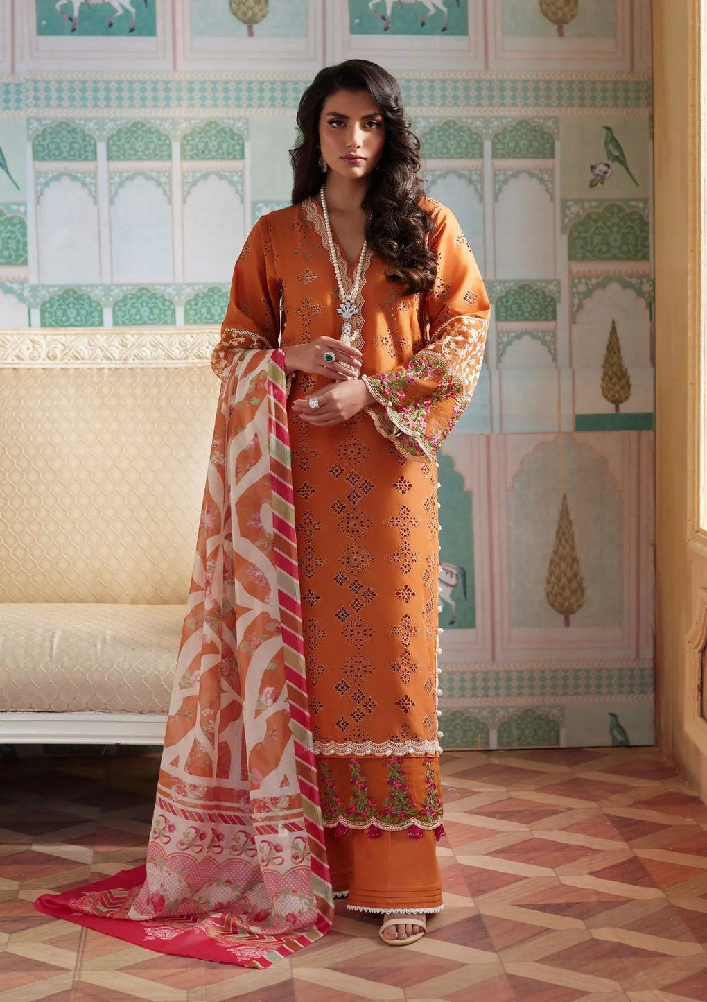ELNAZ Festive Embroidered Lawn Dress with Schiffli Lawn Front from ELAF's