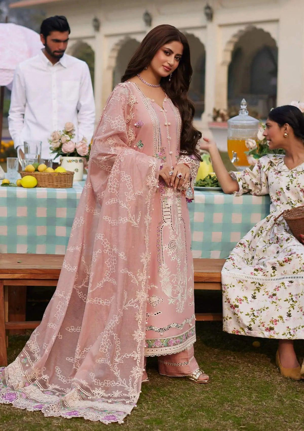 ZOREH pink dress with Embroidered Lawn Front Side Panel from ELAF's