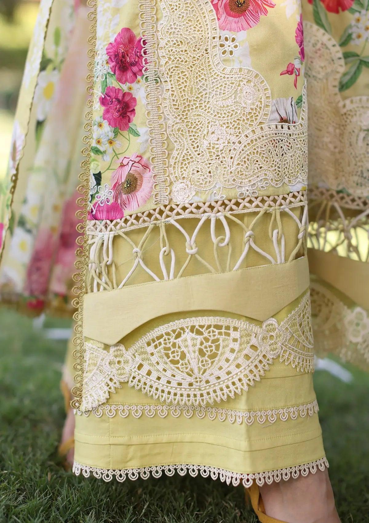 Close up image of SUNSHINE BOUQUET beautiful Embroidered Organza Front Daman with Solid Dyed Cambric Trouser.