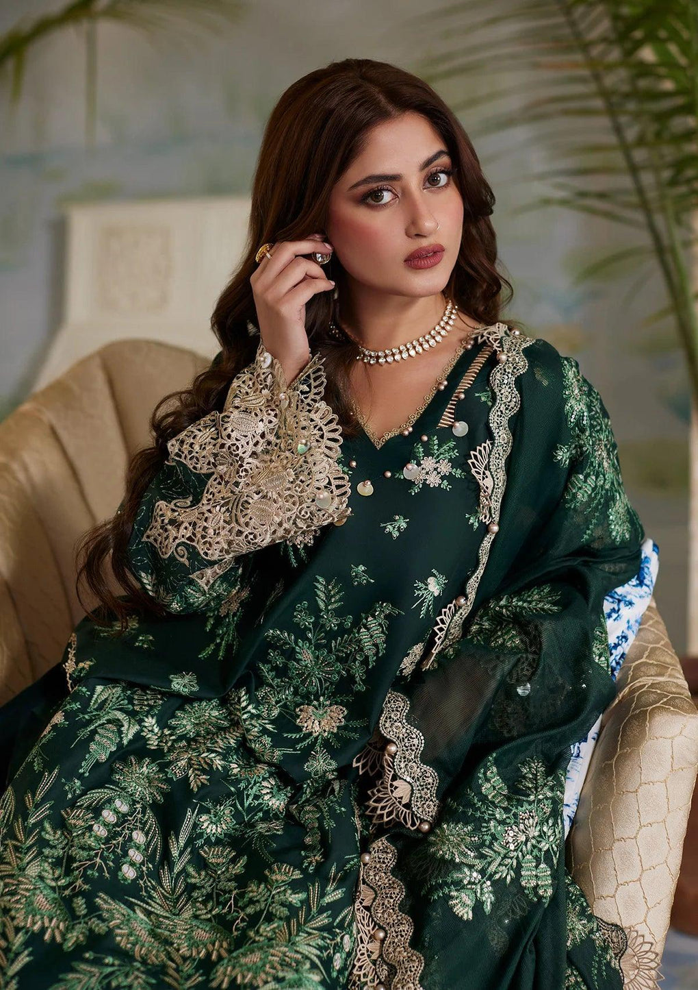 Close up image of ZARIA beautiful Embroidered Organza Sleeves Borde.