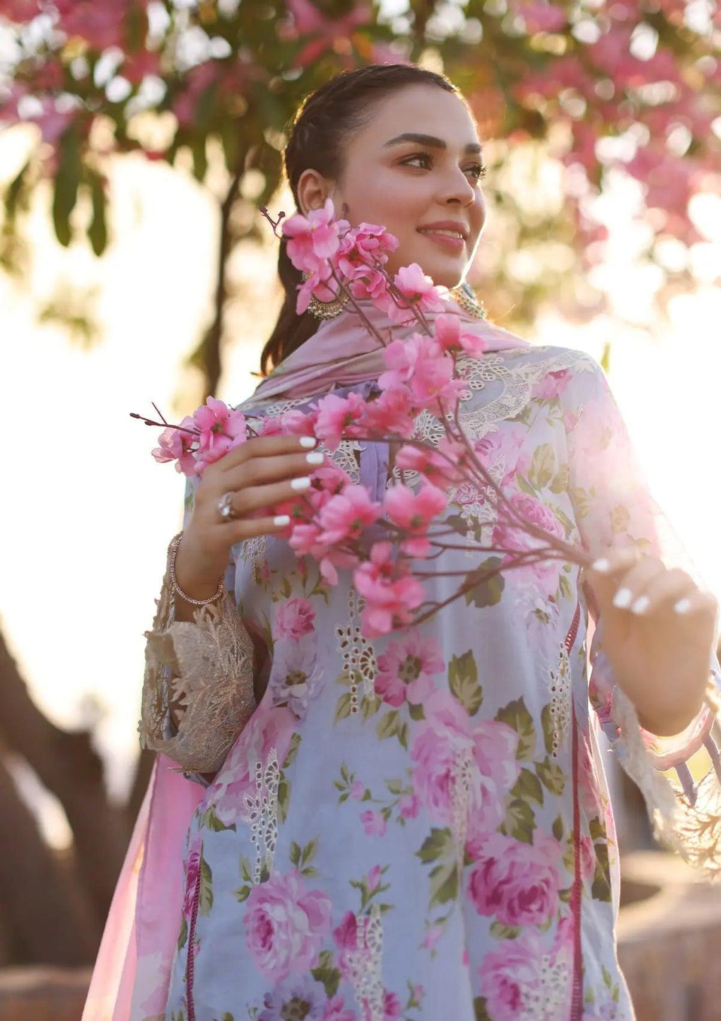 Close up image of OCEAN BLOSSOMS beautiful Printed Chikankari Lawn floral dress.