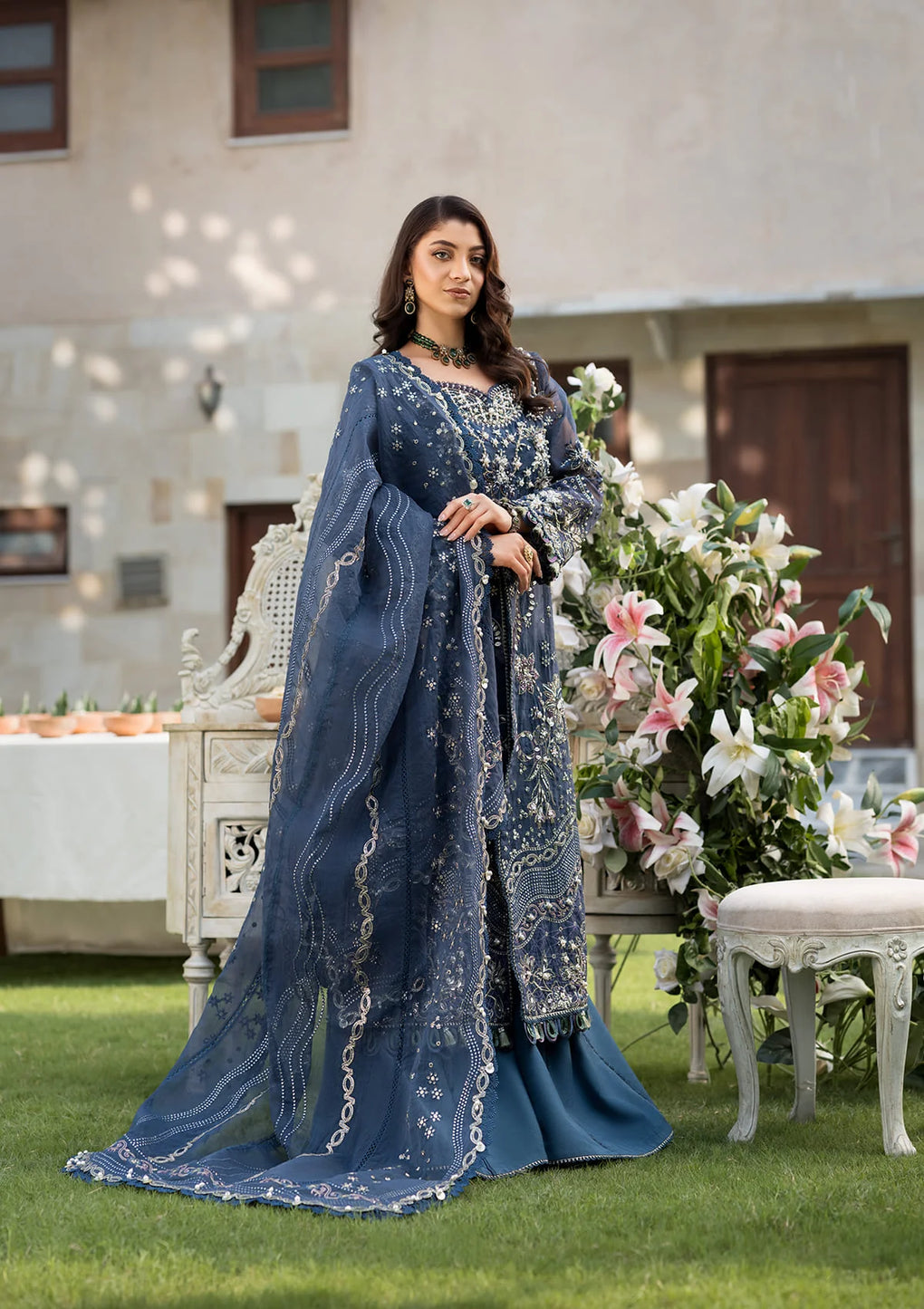 FALAK in elegent navy blue color showing Embroidered Organza Dupatta Pallu Border
