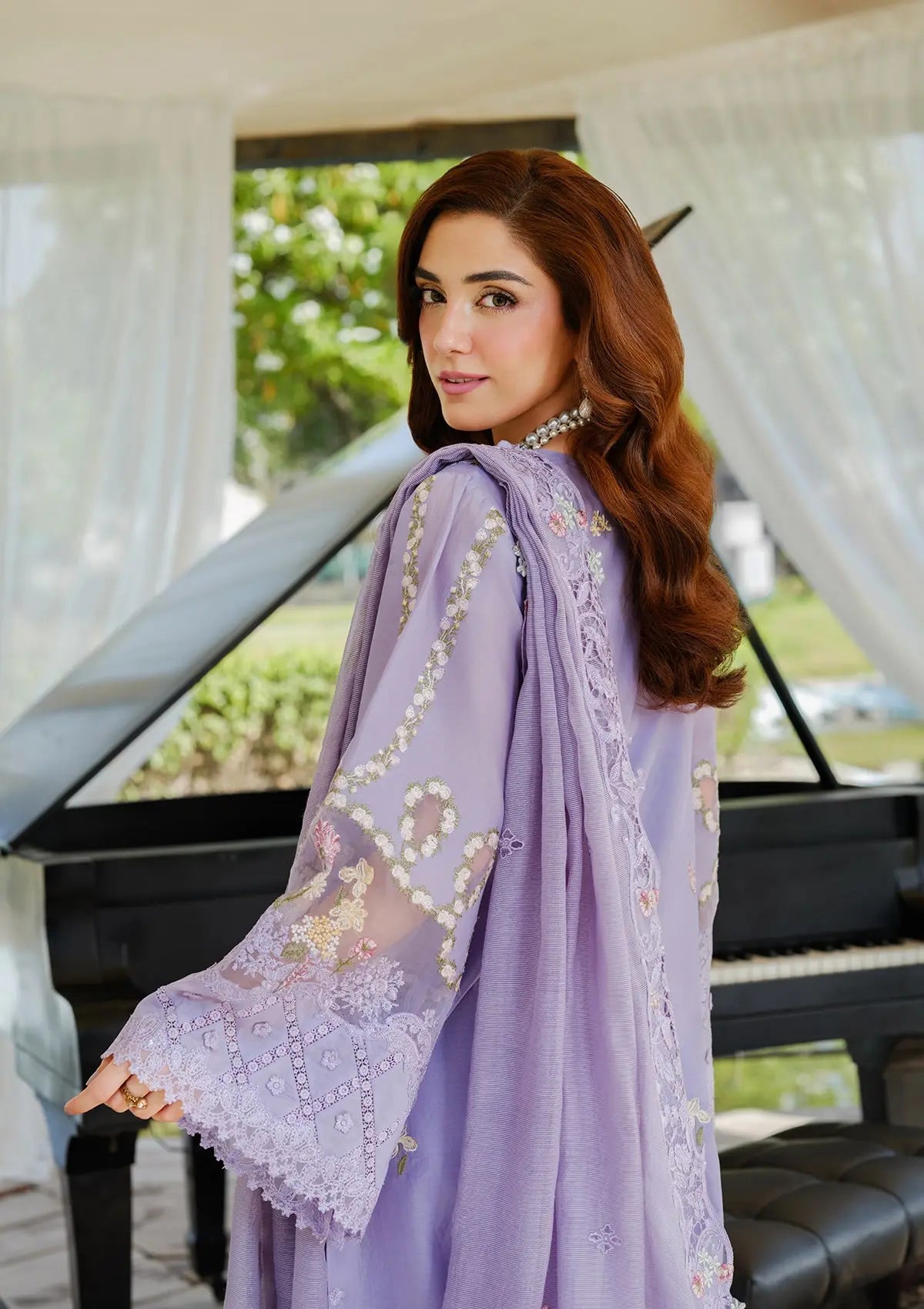 Stunning closeup look of EMBROIDERED ORGANZA SLEEVES BORDER from ELAF LUXURY LAWN 2025 vol 2
