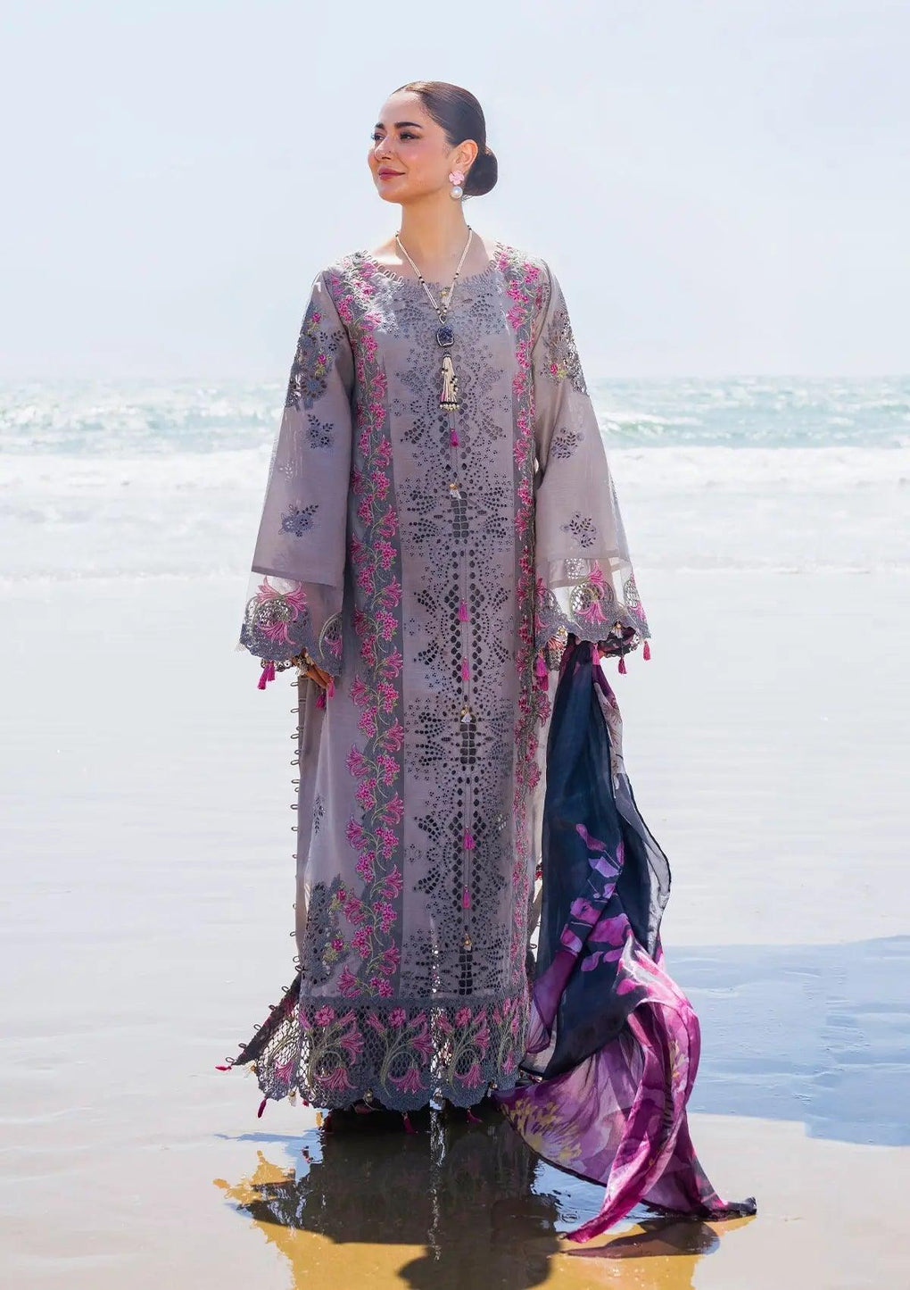 Alyaanah LuxurySchiffli Lawn and Digital Printed Pure Tissue Silk Dupatta from ELAF's 'HAI KUCH' Festive Lawn 2024 Collection.
