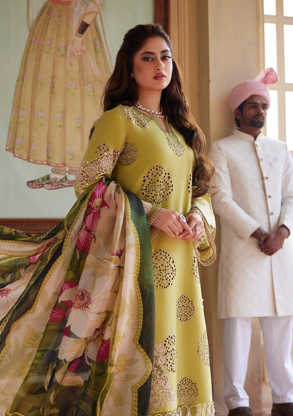 MEENAH Festive Embroidered Lawn Dress with Digital Printed Pure Tissue Silk Dupatta from ELAF's
