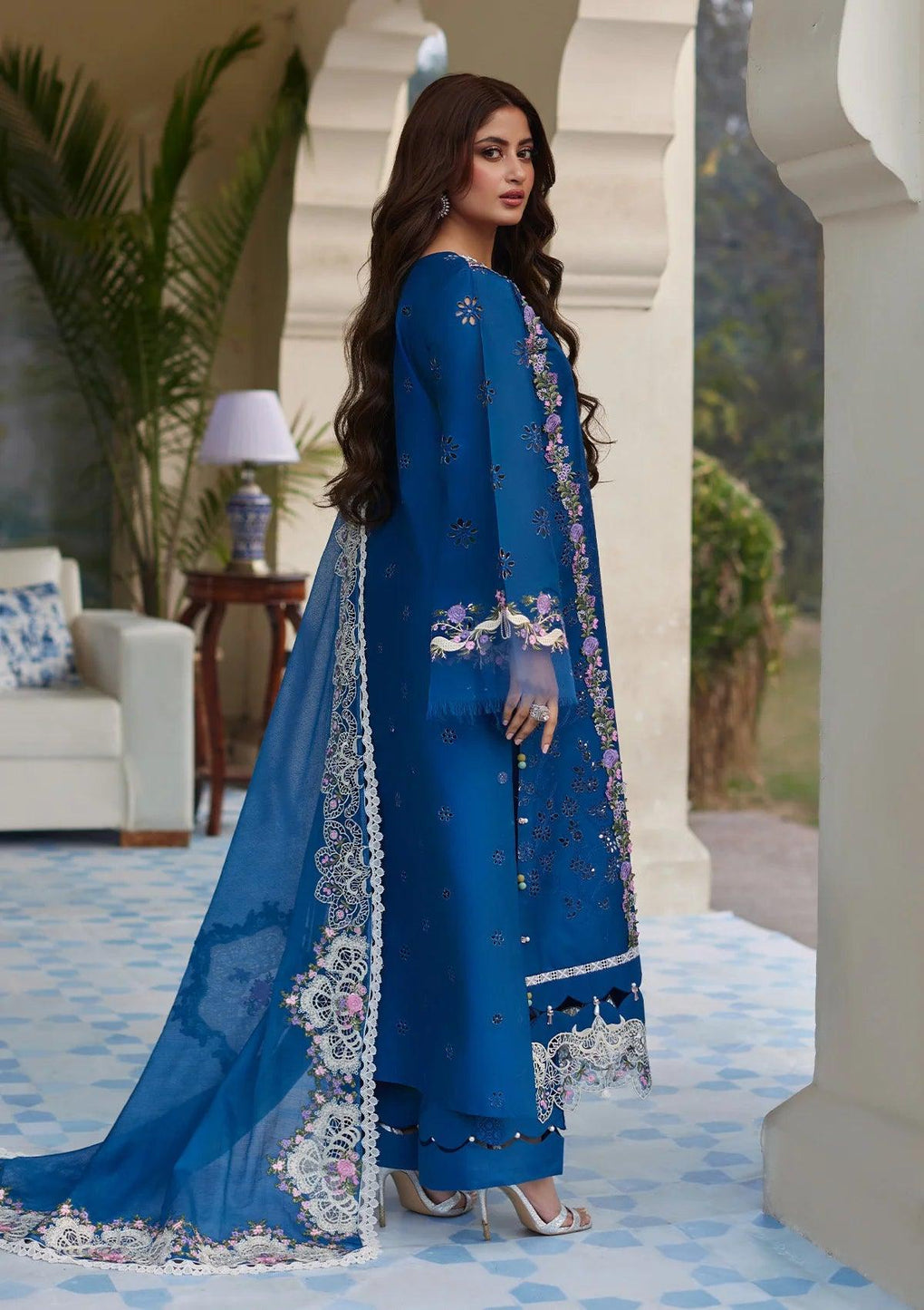 ALMAS Festive Embroidered Lawn Dress with Embroidered Cotton Net Patched Dupatta from ELAF's