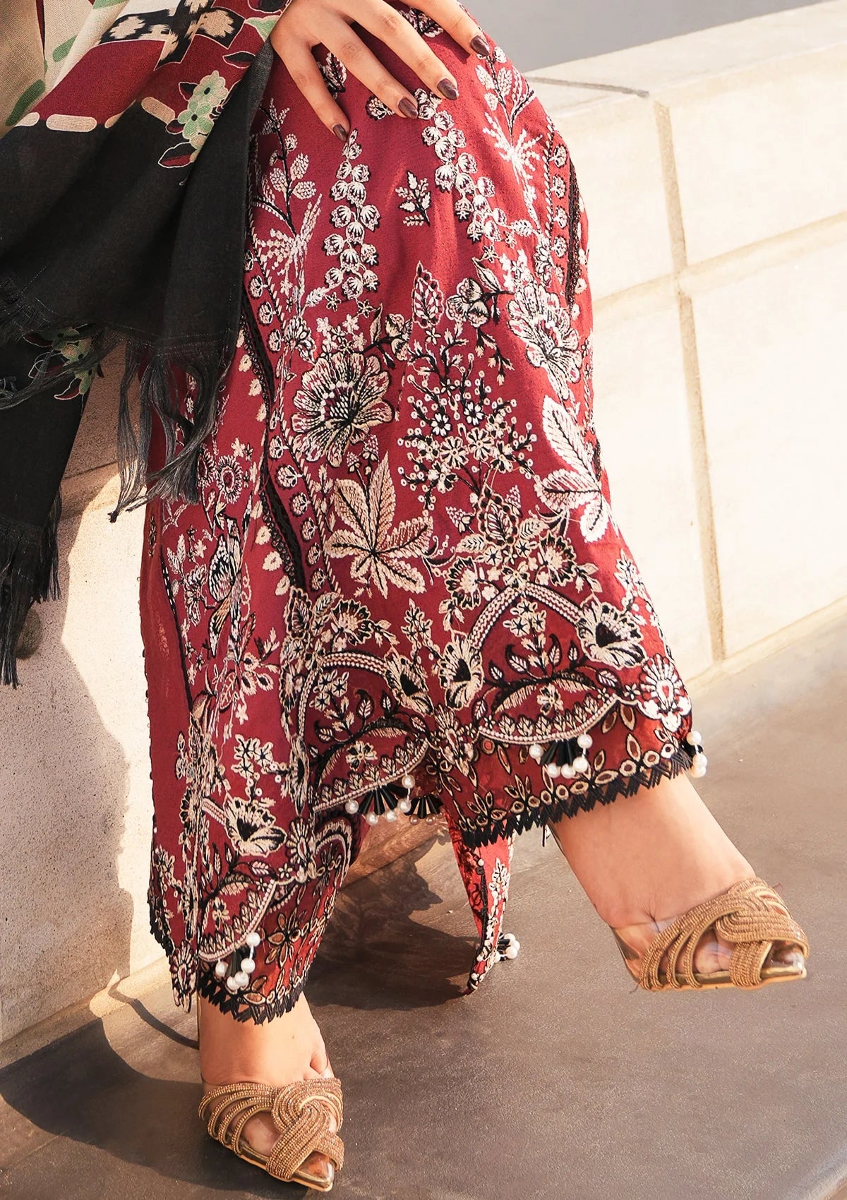 Stunning EMBROIDERED ORGANZA TROUSER PATTI in luxury maroon color