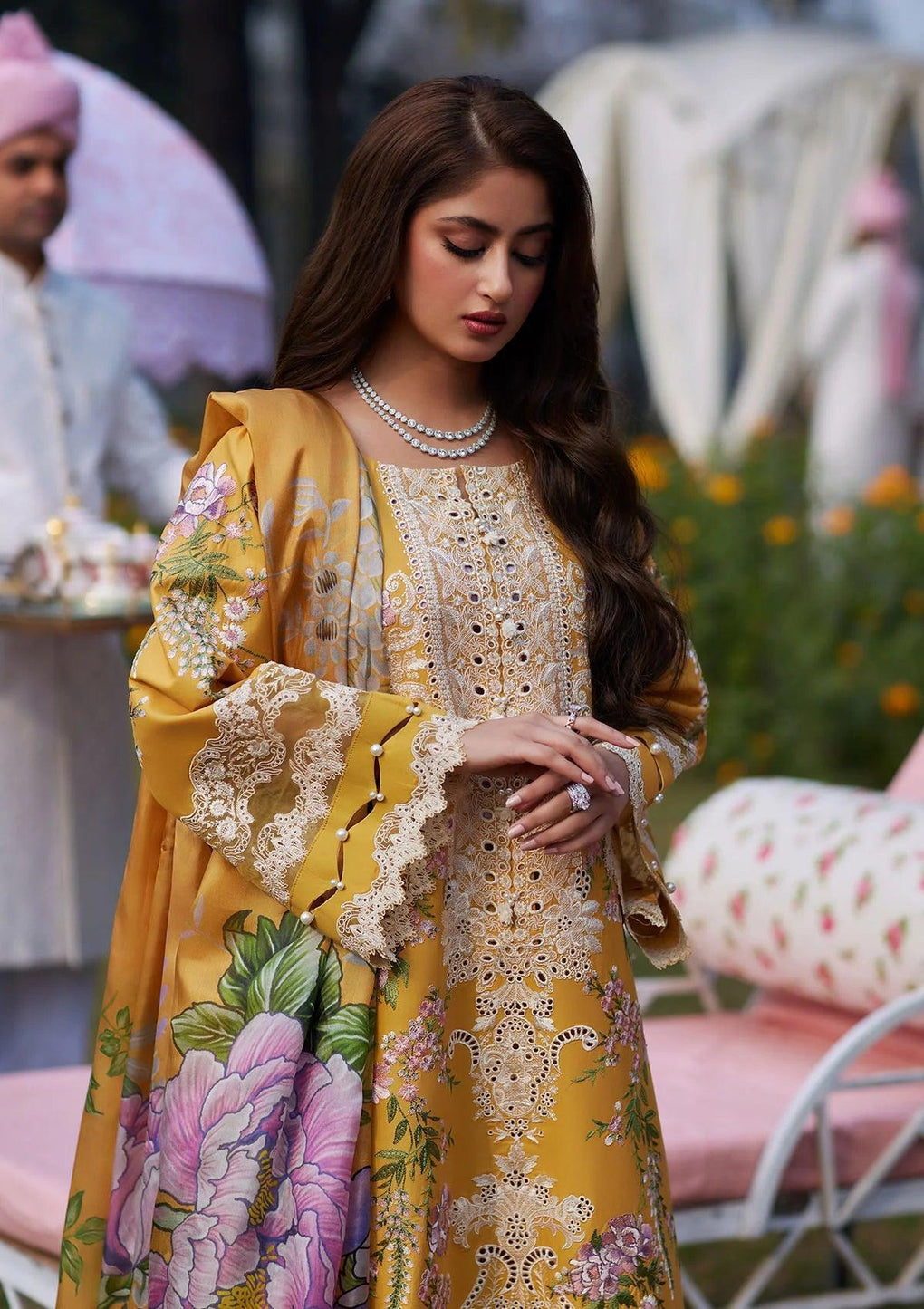 SONA Mustered dress with Embroidered Lawn Sleeves from ELAF's