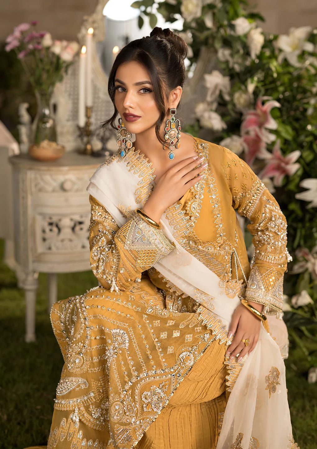 closeup image of Embroidered Organza Hem, Front and Sleeves Border