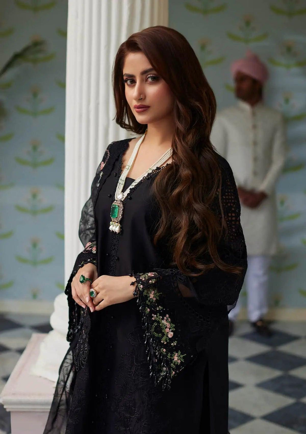 HAYA black dress with Embroidered Lasser Worked Lawn Sleeves from ELAF's