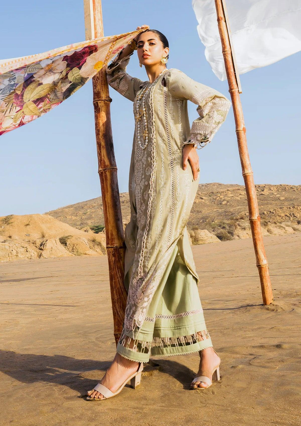 Pur Shokh Luxury Schiffli Lawn and Digital Printed Pure Tissue Silk Dupatta from ELAF's 'HAI KUCH' Festive Lawn 2024 Collection.