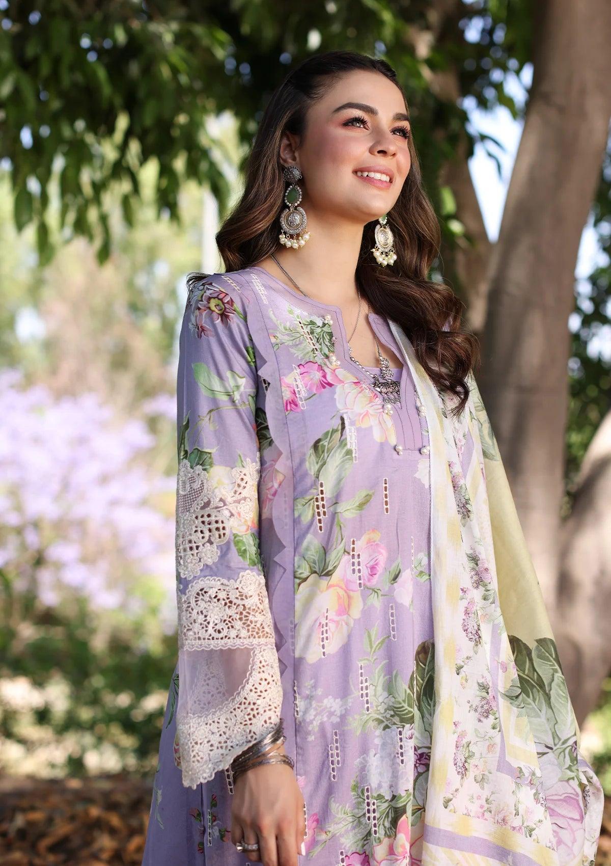 Close up image of LILAC L’AMOUR beautiful Printed Chikankari Lawn floral dress.