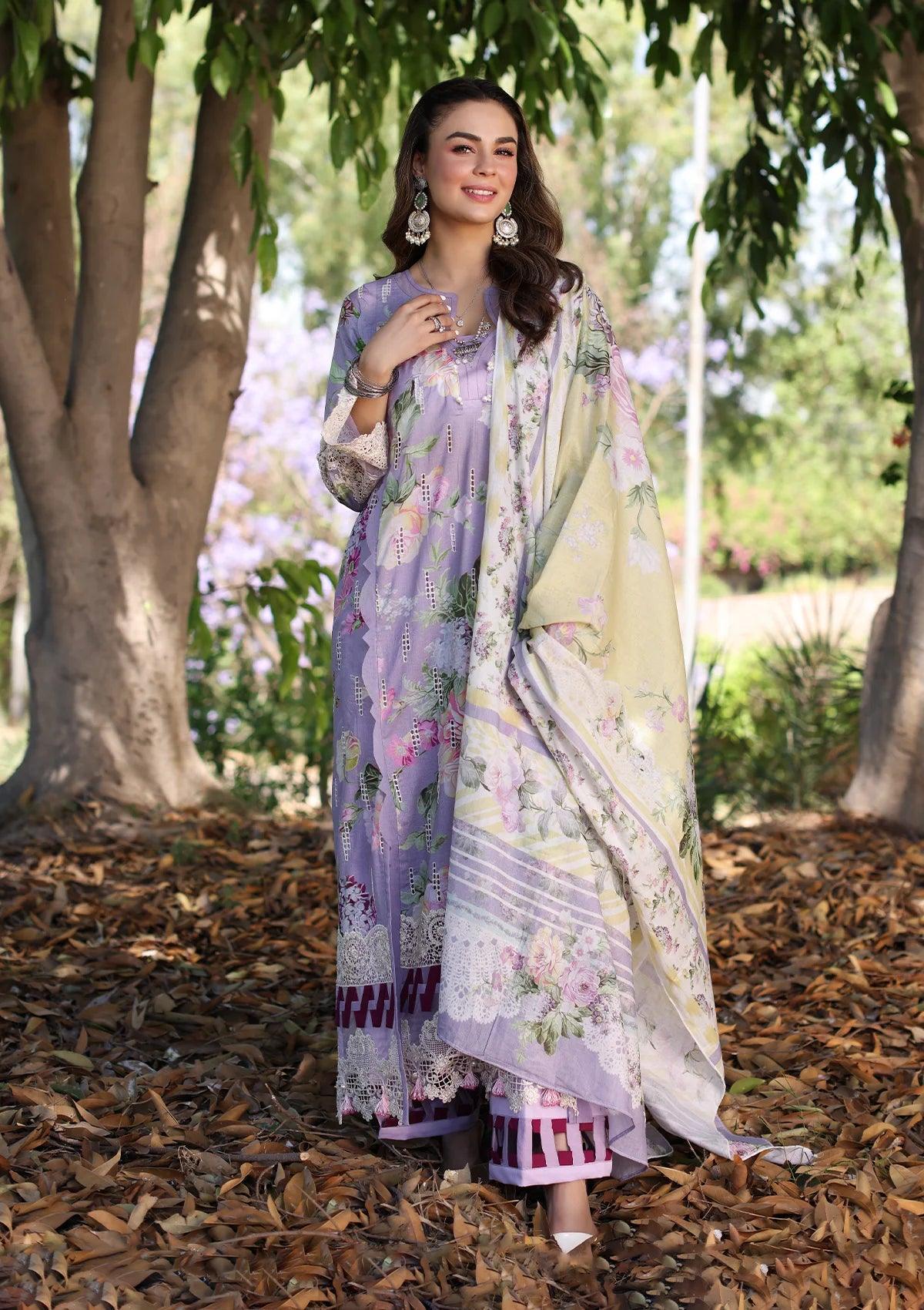 Another front image of beautifull LILAC L’AMOUR from ELAF's "PRINT CHIKANKARI" 2024 Collection.