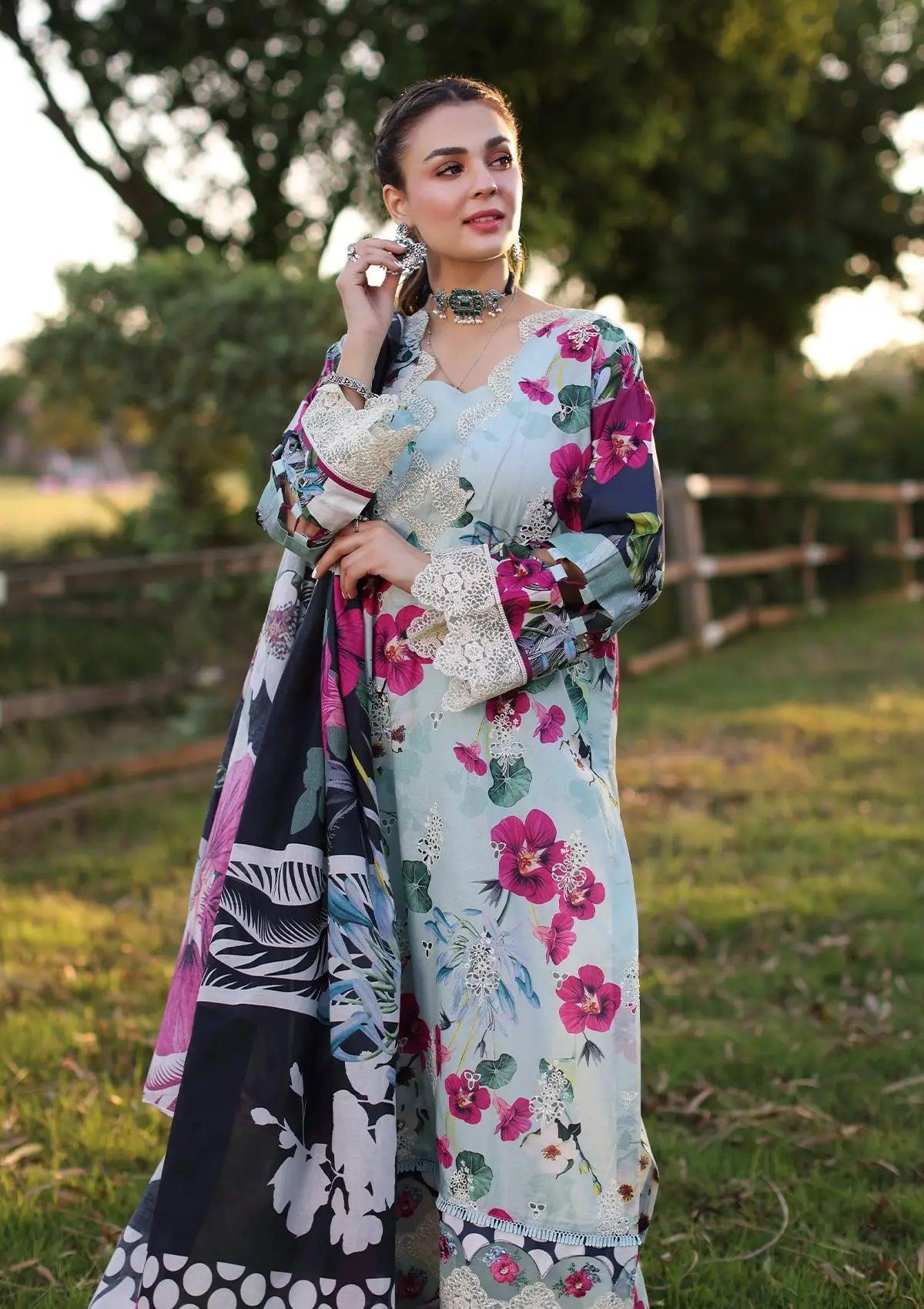 Another front image of beautifull AQUABELLA from ELAF's "PRINT CHIKANKARI" 2024 Collection.