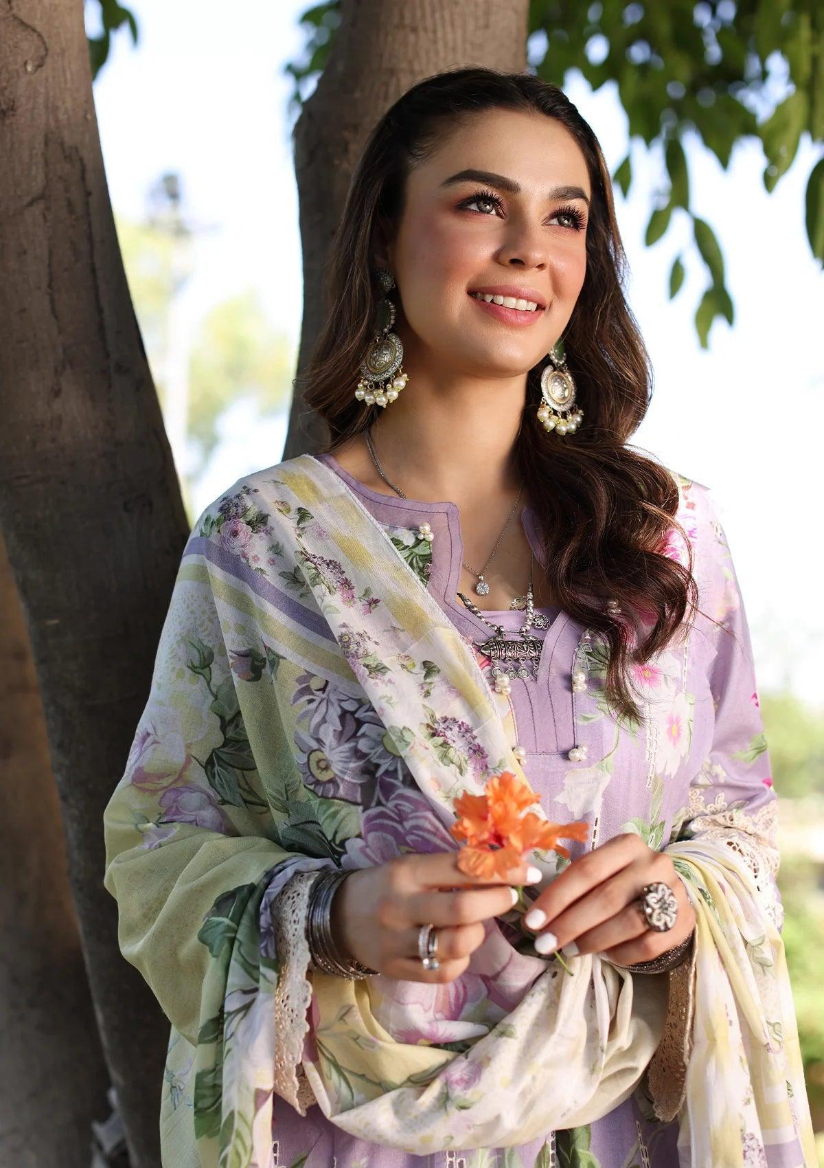 Close up image of LILAC L’AMOUR beautiful Printed Chikankari Lawn floral dress.