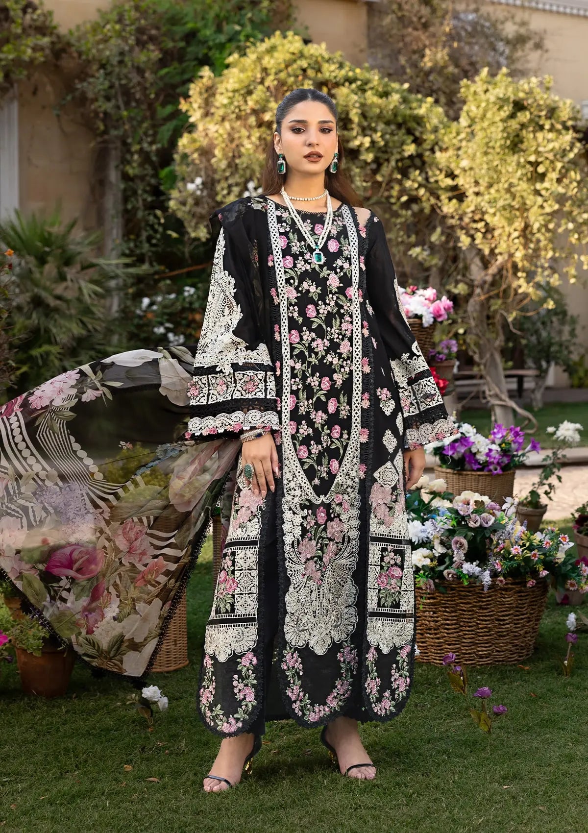 MAHJABEEN EMBROIDERED LAWN LASERWORK FRONT CENTER PANEL and DIGITAL PRINTED CHIFFON DUPATTA from ELAF Luxury Lawn 2025.