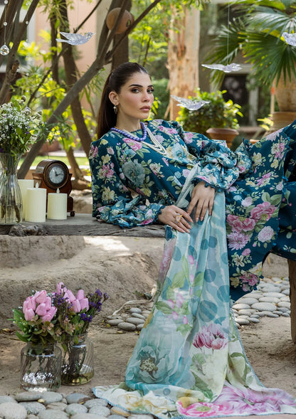 AZURE FERN wearing this beautiful dress FROM ELAF PRINTS WITH CHIFFON DUPATTA COLLECTION 2025.