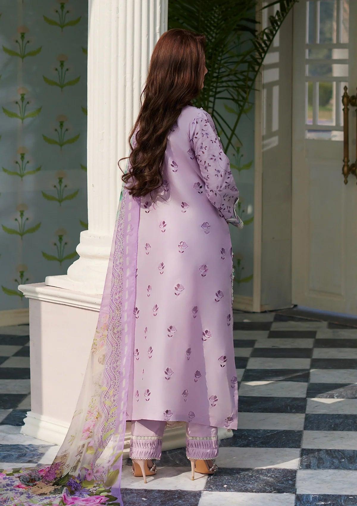 AFSANEH lilac dress with Schiffli Lawn Back from  ELAF's "ELAF EID EDIT" 2024 Collection.