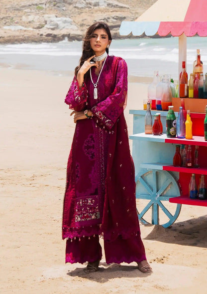Gulzar Luxury Embroidered Lawn Dress from ELAF's 'HAI KUCH' Festive Lawn 2024, featuring laser embroidery on Burgundy lawn fabric and a cotton net dupatta. Perfect for festive elegance.