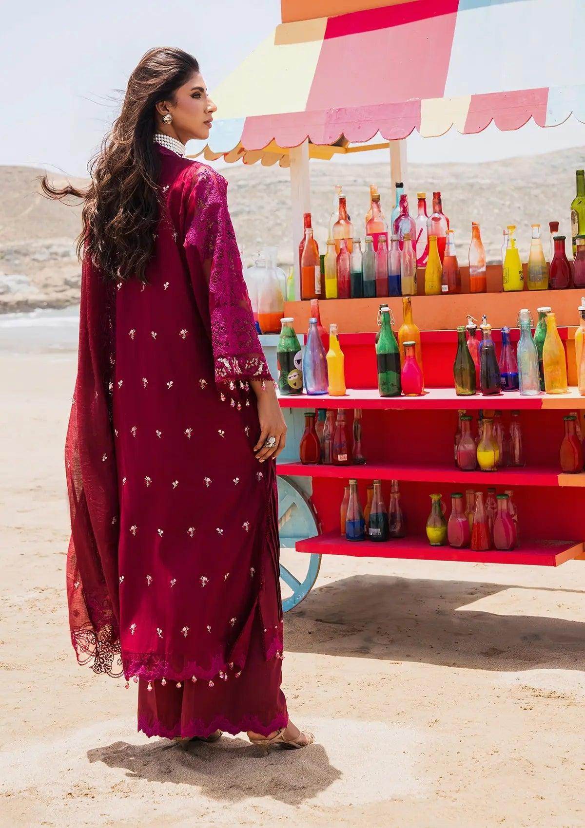 Gulzar, the Burgundy dress from ELAF's 'HAI KUCH' 2024 Collection. This product shot shows beautiful embroidery work on the outfit.