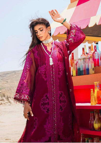 Gulzar Luxury Embroidered Lawn Dress from ELAF's 'HAI KUCH' Festive Lawn 2024, featuring laser embroidery on Burgundy lawn fabric and a cotton net dupatta. Perfect for festive elegance.
