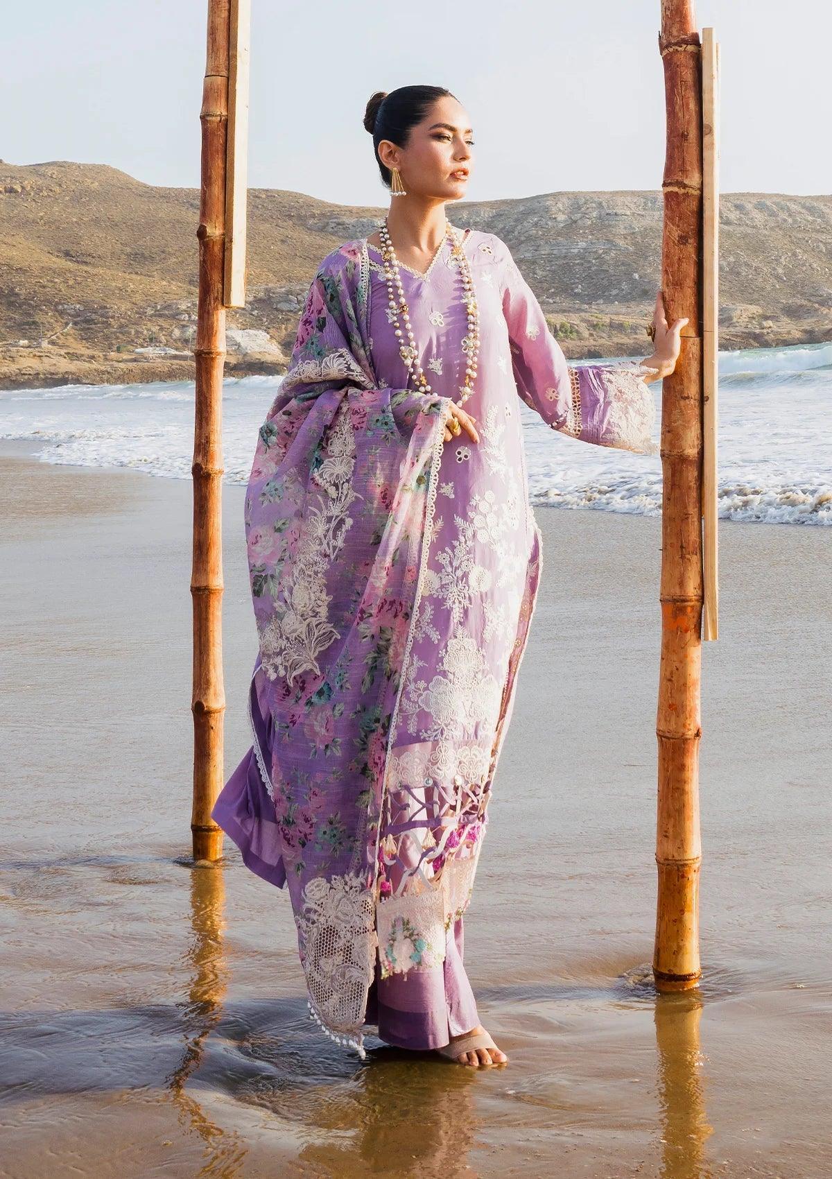 Banafsha, the lavender dress from ELAF's 'HAI KUCH' 2024 Collection. This product shot shows beautiful embroidery work on the outfit