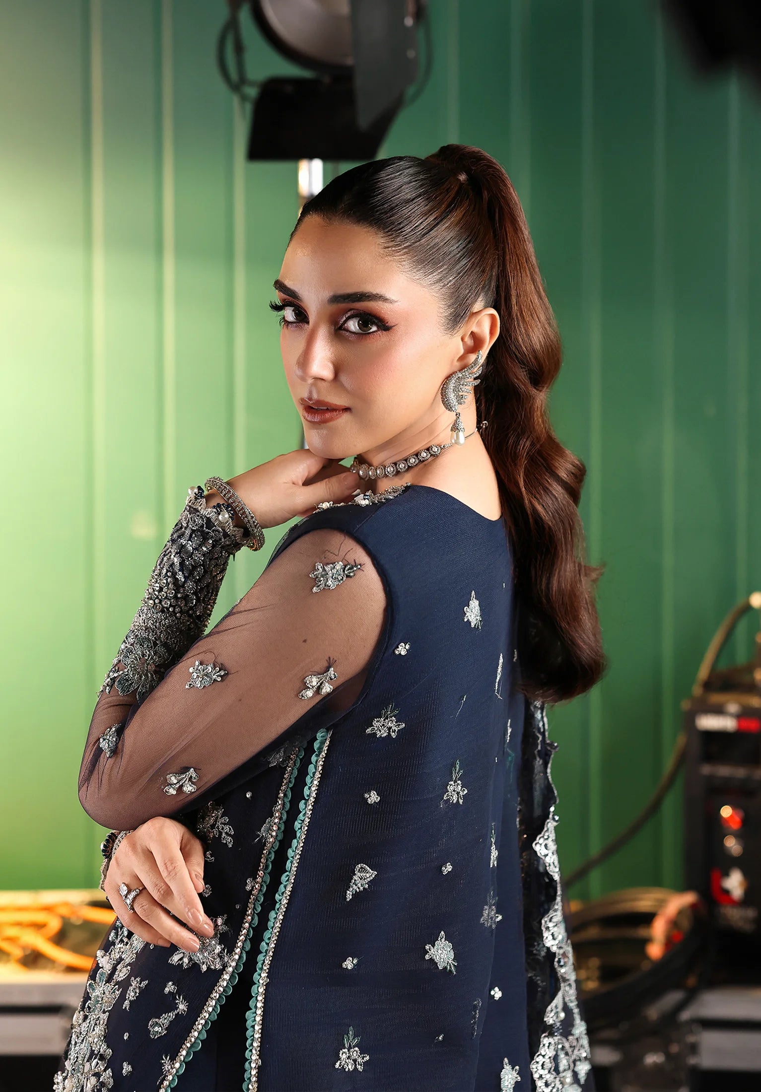 Close up image of  SKYFALL EMBROIDERED POLY NET HAND EMBELLISHED FRONT.