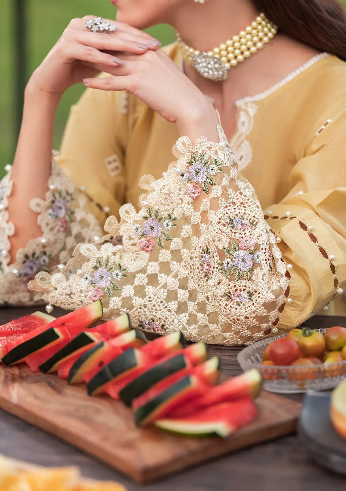 Closeup image of EMBROIDERED ORGANZA SLEEVE BORDER from ELAF LUXURY LAWN 2025 VOL 2