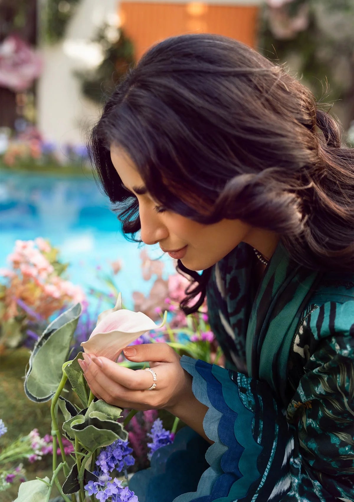 beautiful florals on deep green dress. 