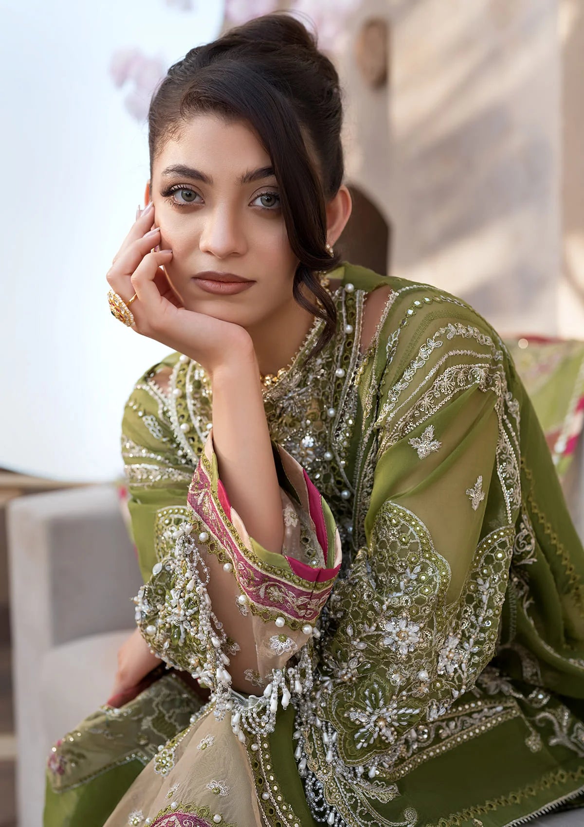 zoom image of Embroidered Organza Hand Embellished Sleeves.