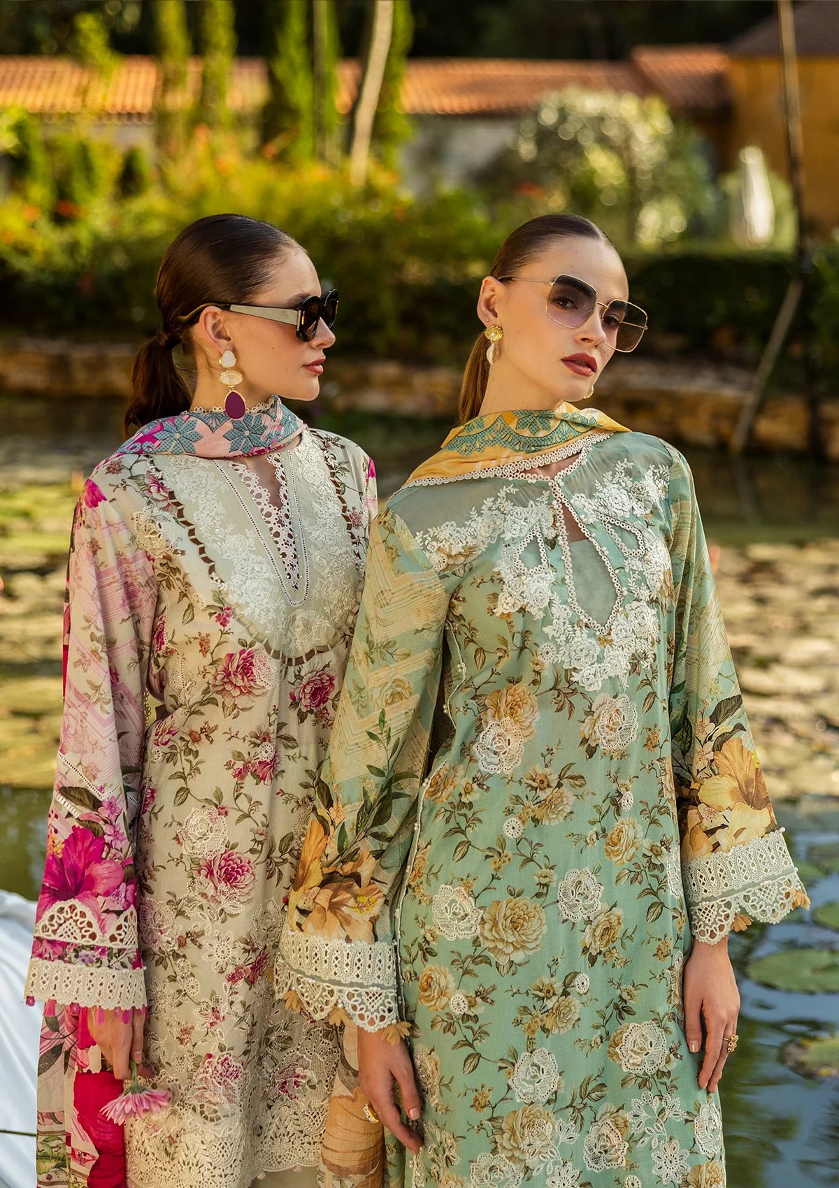 Stylish lawn outfits, one in pink, the other in pista green.