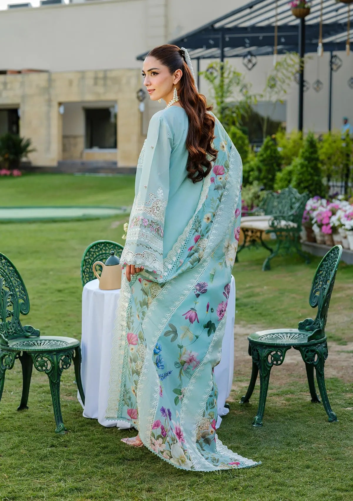 Beautiful EMBROIDERED COTTON NET DUPATTA in soft Aqua color.