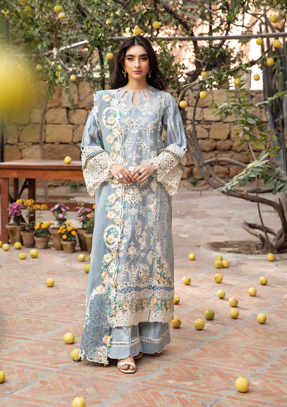 MAHVEEN in EMBROIDERED LAWN FRONT CENTER PANEL DESOLVING and EMBROIDERED COTTON NET PATCHED DUPATTA from ELAF Luxury Lawn 2025.