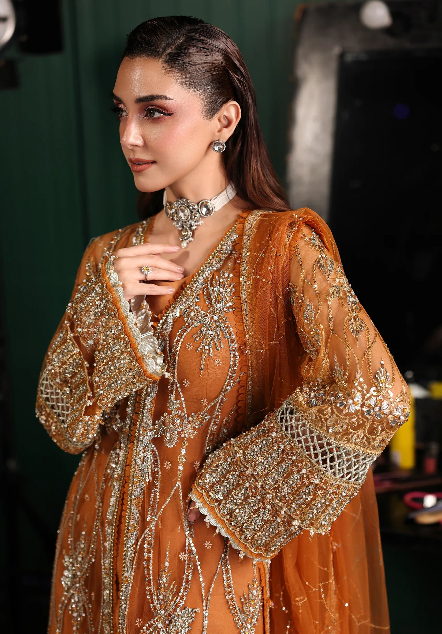 Close up image of SAFFRON EMBROIDERED POLY NET HAND EMBELLISHED SLEEVE BORDER