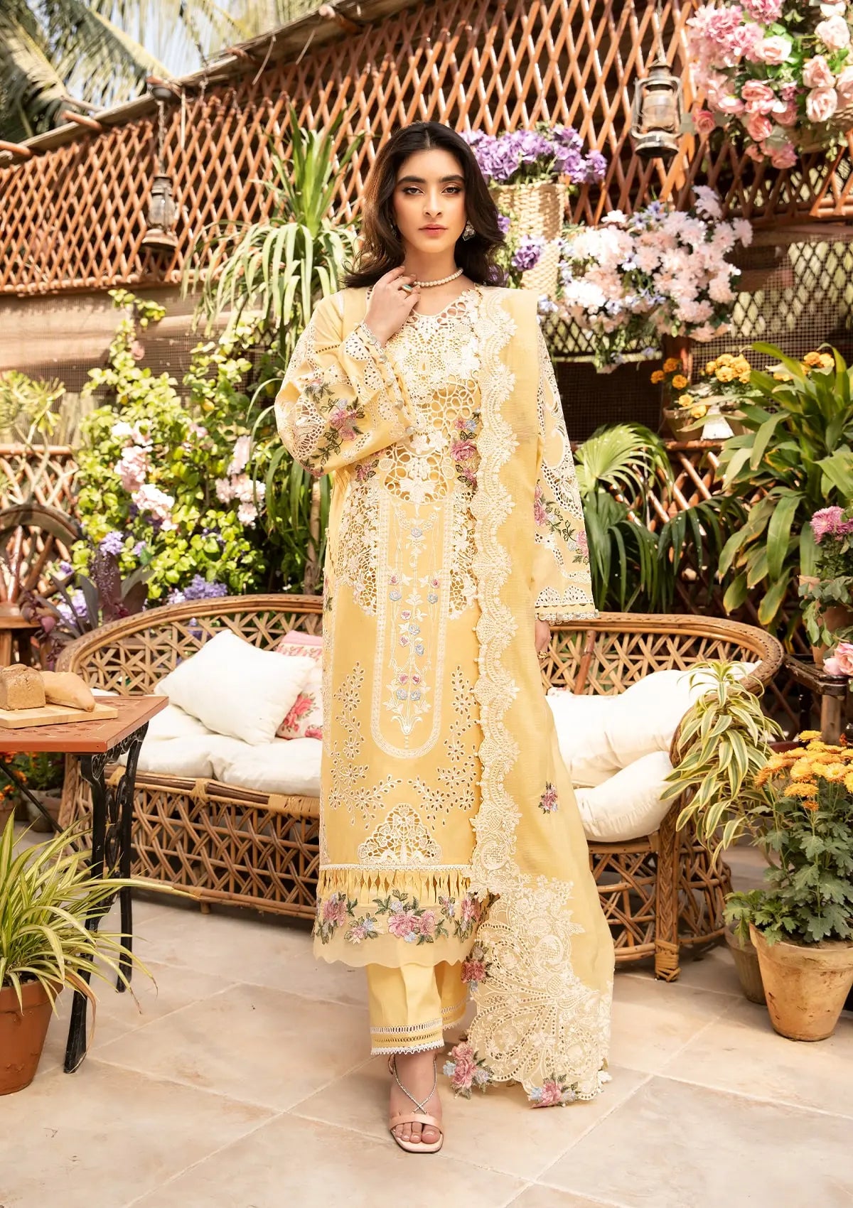 ROSHNE EMBROIDERED LAWN LASERWORK FRONT PANEL Shirt and EMBROIDERED COTTON NET PATCHED DUPATTA from ELAF Luxury Lawn 2025.