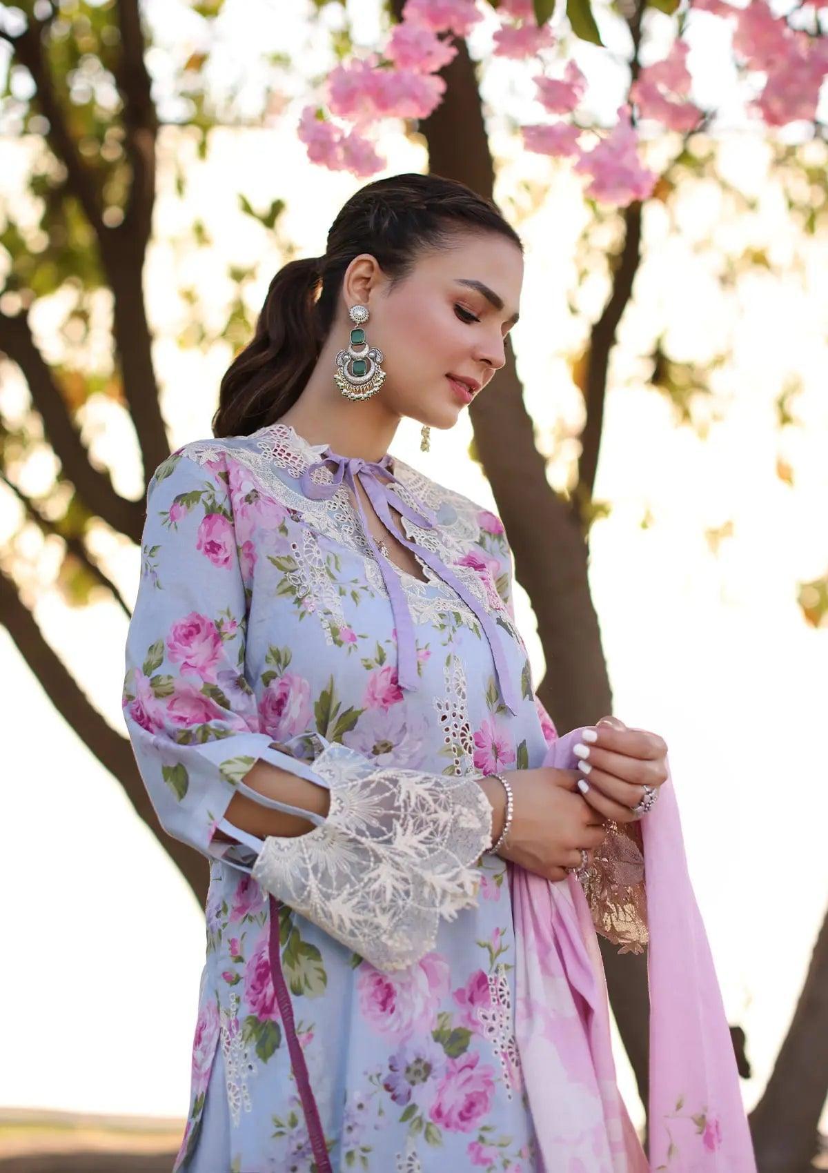 Close up image of OCEAN BLOSSOMS beautiful Printed Chikankari Lawn floral dress.