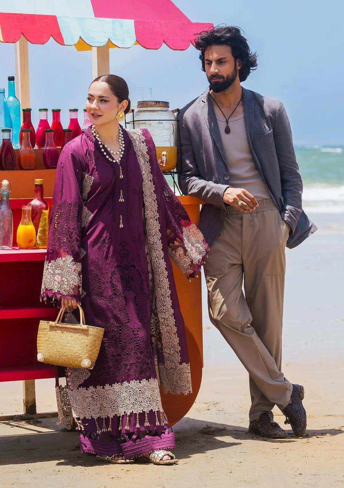 Hania, the deep purple dress from ELAF's 'HAI KUCH' 2024 Collection. This product shot shows beautiful embroidery work on the outfit. 