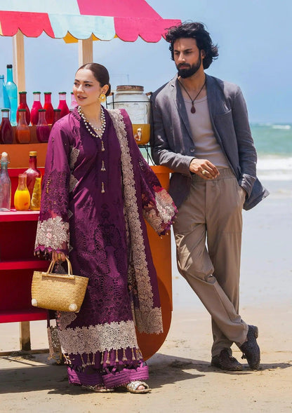 Hania, the deep purple dress from ELAF's 'HAI KUCH' 2024 Collection. This product shot shows beautiful embroidery work on the outfit. 