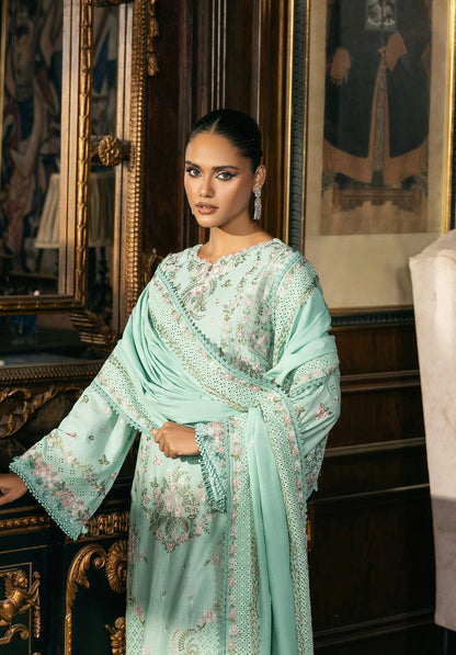 Close up image of FLORAZURE EMBROIDERED SHAWL. 