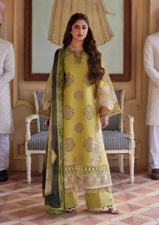 MEENAH Festive Embroidered Lawn Dress with Digital Printed Pure Tissue Silk Dupatta from ELAF's "ELAF EID EDIT" 2024 Collection.