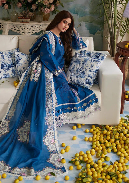 ALMAS cobalt blue dress with Schiffli Lawn shirt from  ELAF's "ELAF EID EDIT" 2024 Collection.