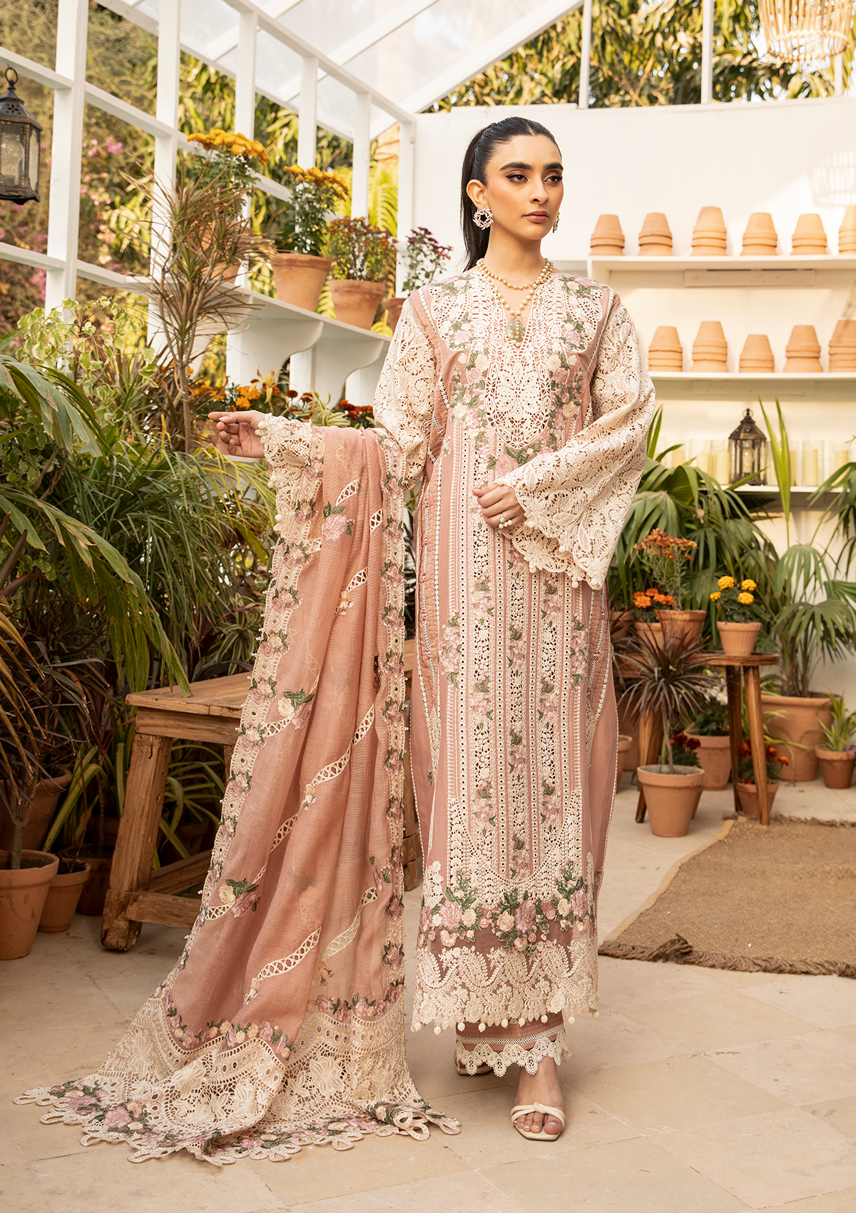 SHAHANA in EMBROIDERED LAWN LASERWORK FRONT CENTER PANEL and EMBROIDERED COTTON NET DUPATTA from ELAF Luxury Lawn 2025.