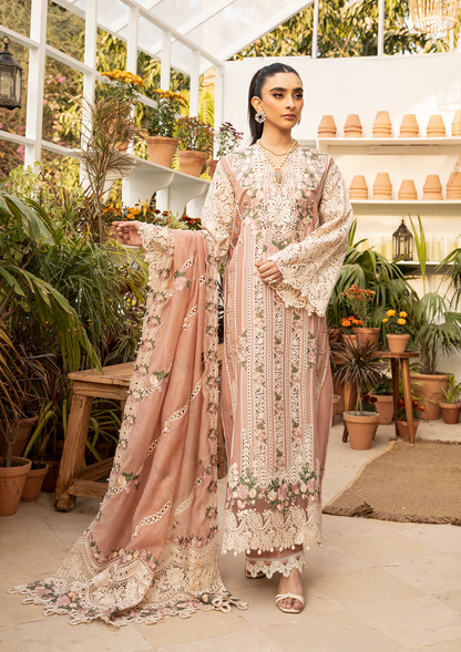 SHAHANA in EMBROIDERED LAWN LASERWORK FRONT CENTER PANEL and EMBROIDERED COTTON NET DUPATTA from ELAF Luxury Lawn 2025.
